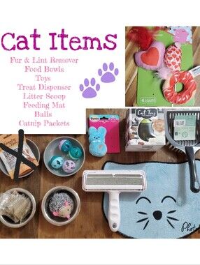 17+ Cat Items Lot - Toys / Fur Remover / Treat Dispenser / Bowls / Mat